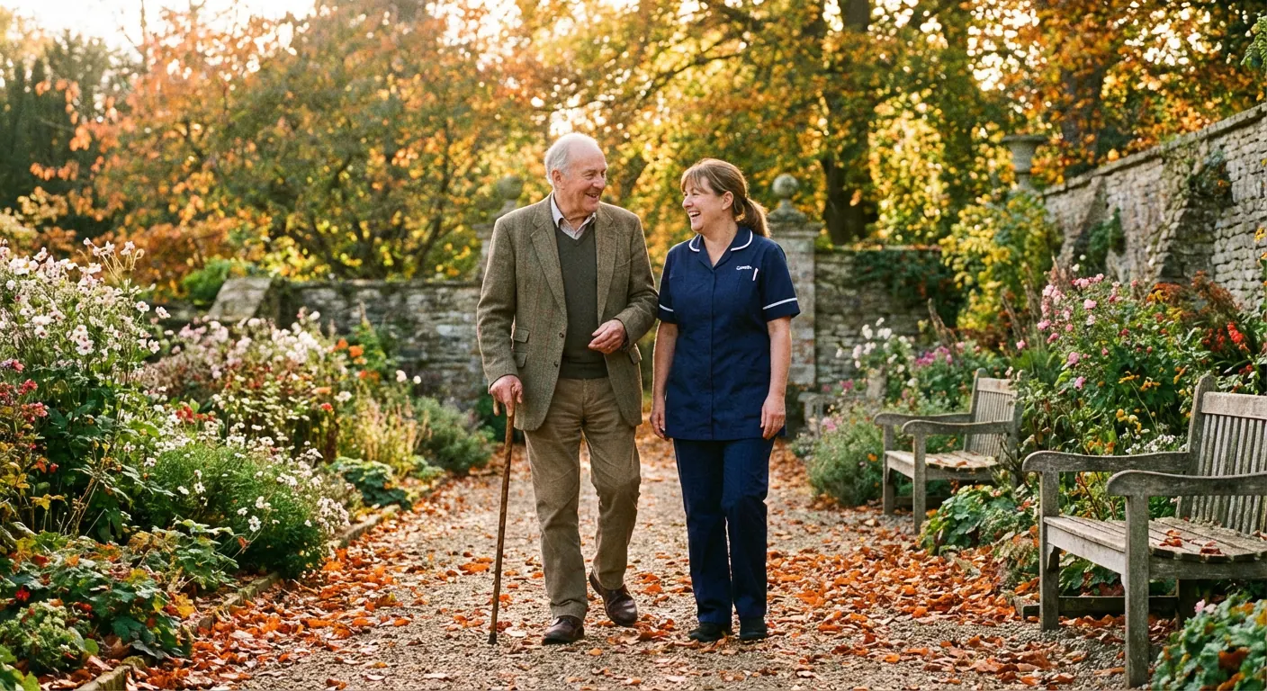 An older person and their carer walking together in a sunny garden