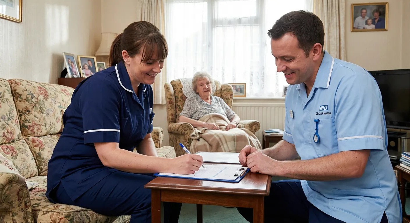 A carer reviewing a care plan with a healthcare professional in a home setting