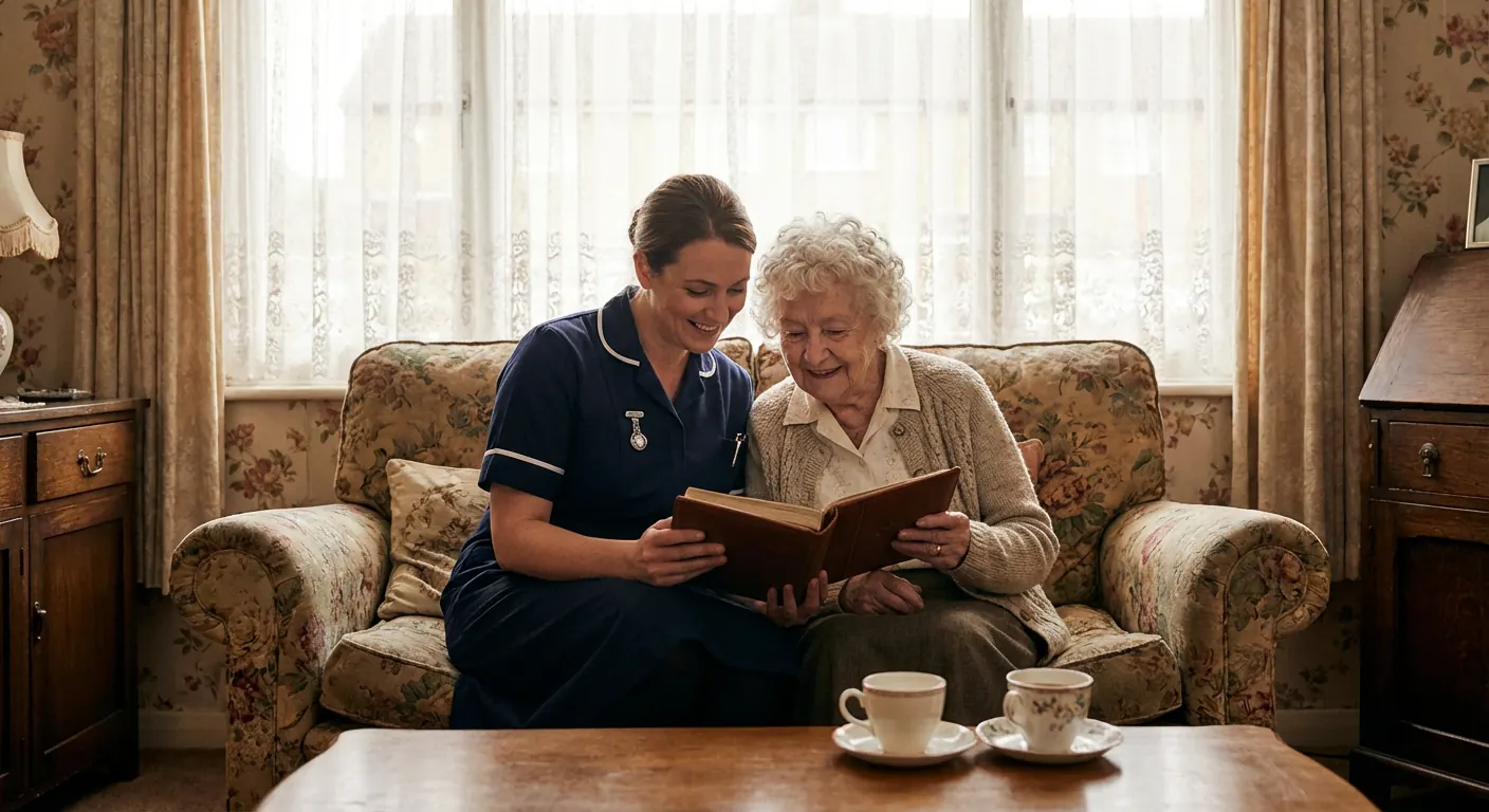 A carer listening attentively to an older person in a familiar living room