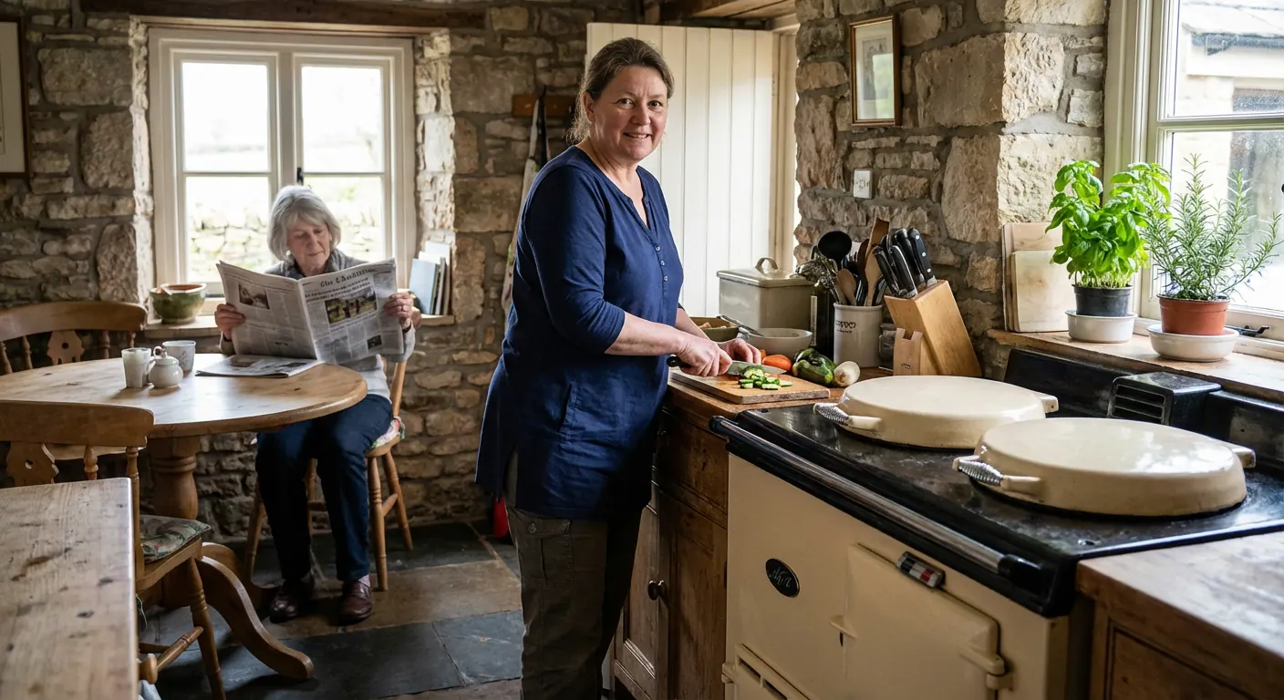 A live-in carer preparing a meal alongside an older resident