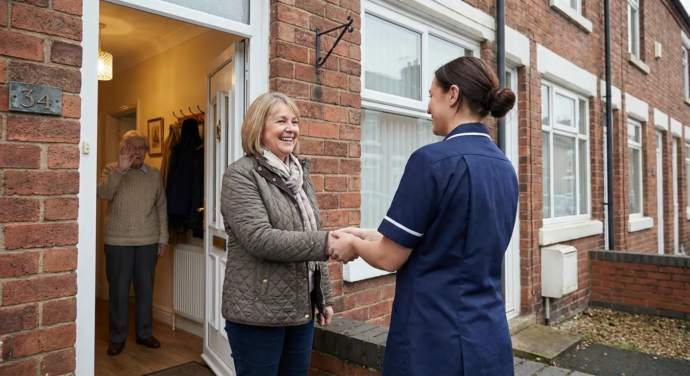 A carer handing over to a family member with a smile by a front door